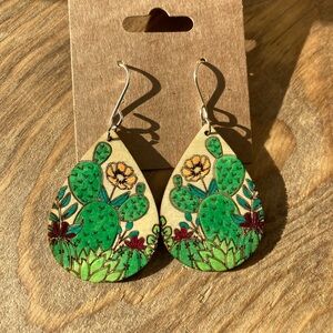Teardrop Earrings with Cactus and Floral Design
